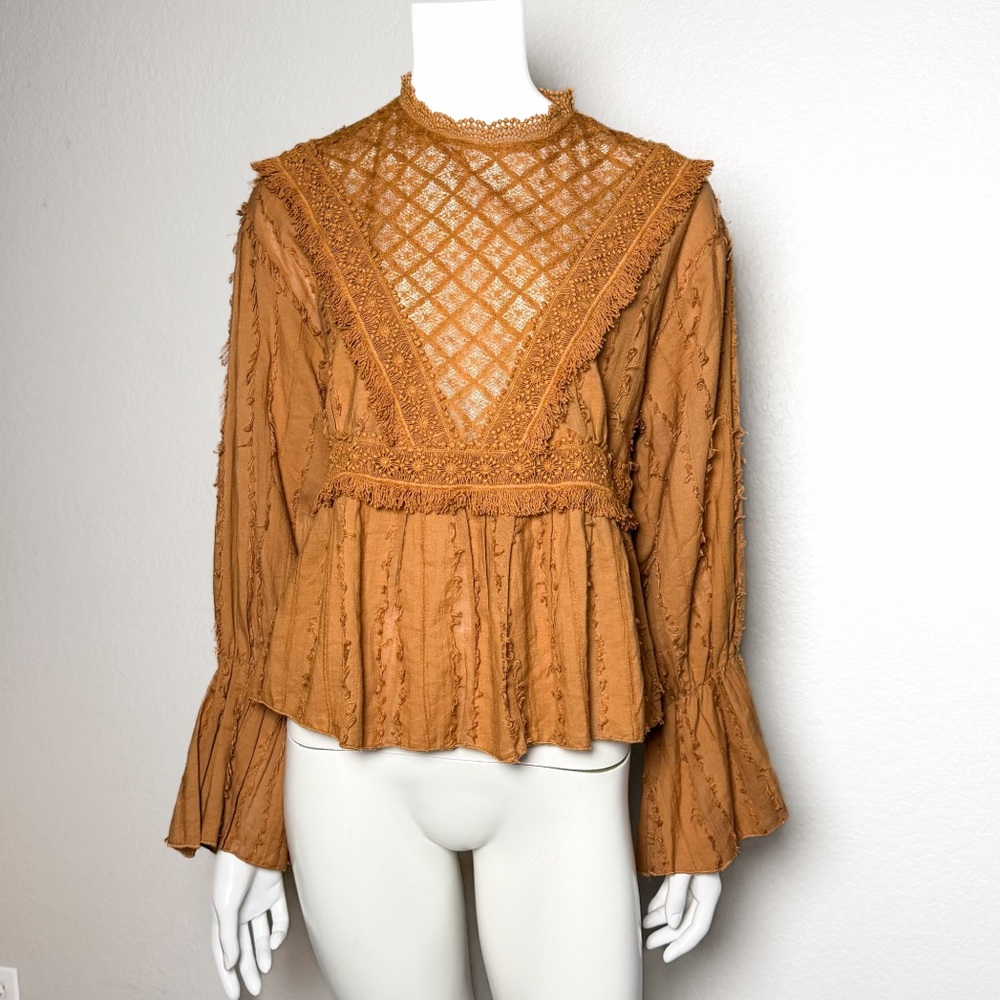 Rock & Indigo Lace Panel Peplum Blouse Long Sleeve Boho Top S Western Festival